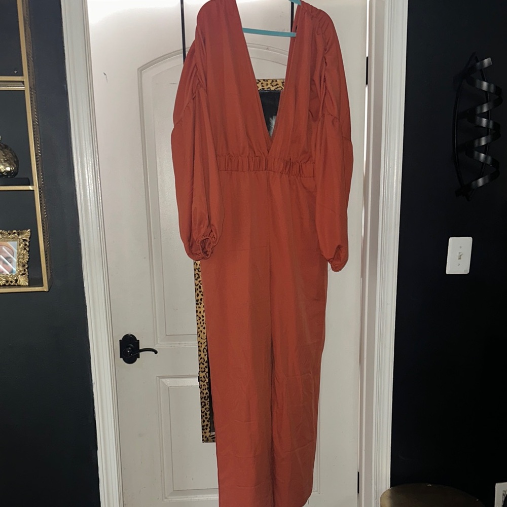 PrettyLittleThing Rust Orange V-Neck Balloon Sleeve Jumpsuit